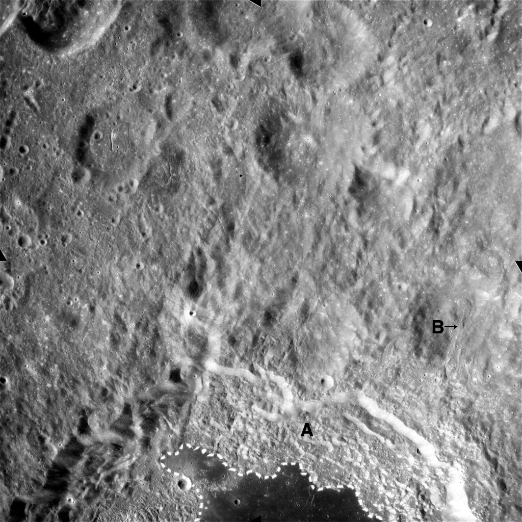 Apollo Metric image (frame ID AS15-M-0308) showing the upper section of the mare filled Tsiolkovskiy crater,a 185 km crater located on the farside of the moon.