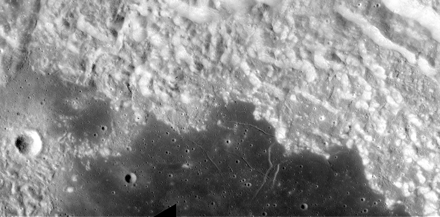 Zoomed in section of Apollo Metric image (frame ID AS15-M-0308) showing the Upper Imbrium aged mare basalts filling Tsiolkovskiy crater.