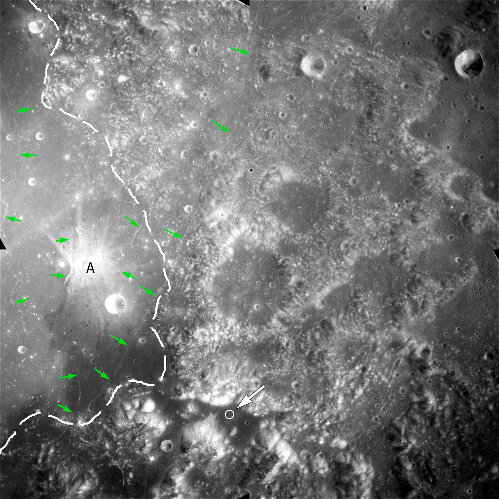 Apollo Metric image (frame ID AS15-M-0564) showing Taurus-Littrow and highlighting Apollo 17 landing site.
