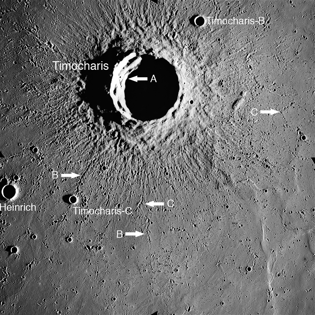 Apollo Metric image (frame ID AS15-M-0598) showing Timocharis Crater in Mare Imbrium.