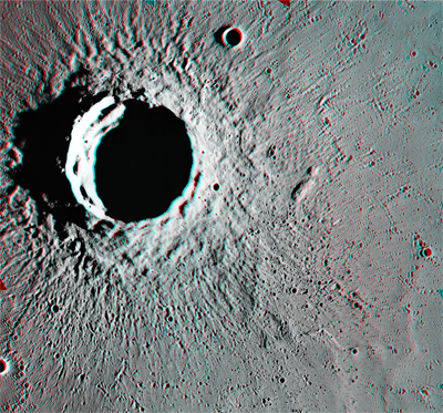 Anaglyph of Timocharis crater in Mare Imbrium, generated from Apollo Metric images AS15-M-0598 and AS15-M-0597