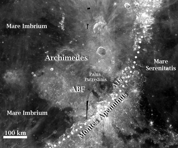 Annotated Clementine 750nm map of the Apennine region of the Moon.