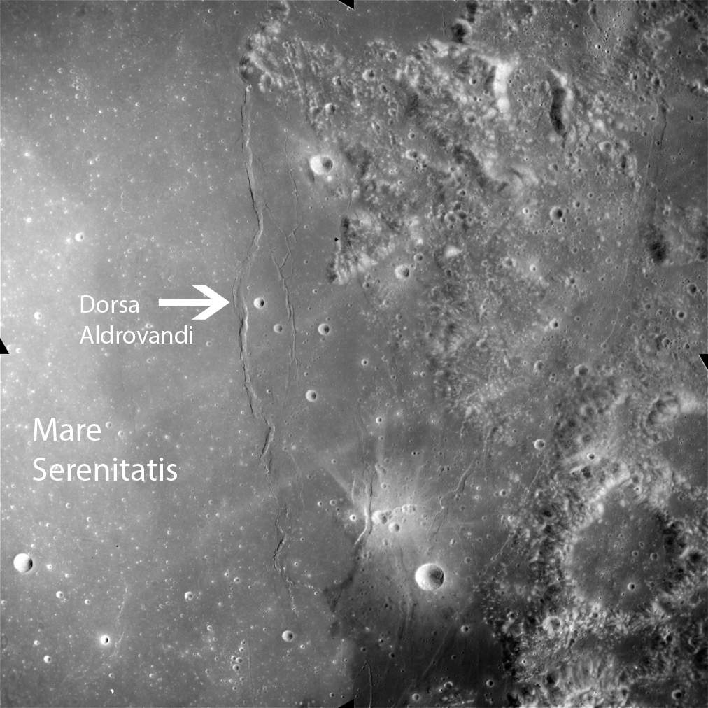 Apollo Metric image (frame ID AS15-M-0394) showing large wrinkle ridge in the eastern part of Mare Serenitatis.