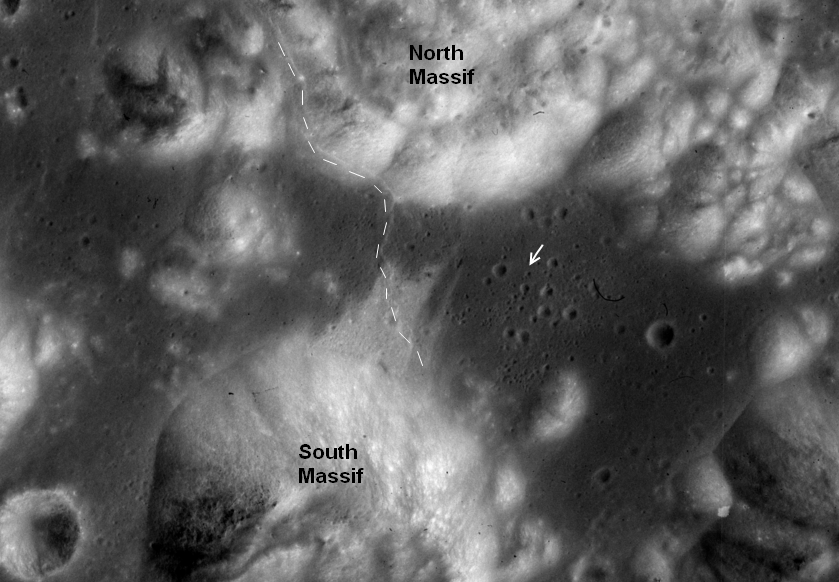 Apollo Metric image (frame ID AS15-M-0566) Close-up of Apollo 17 landing site, with geographic features highlighted.