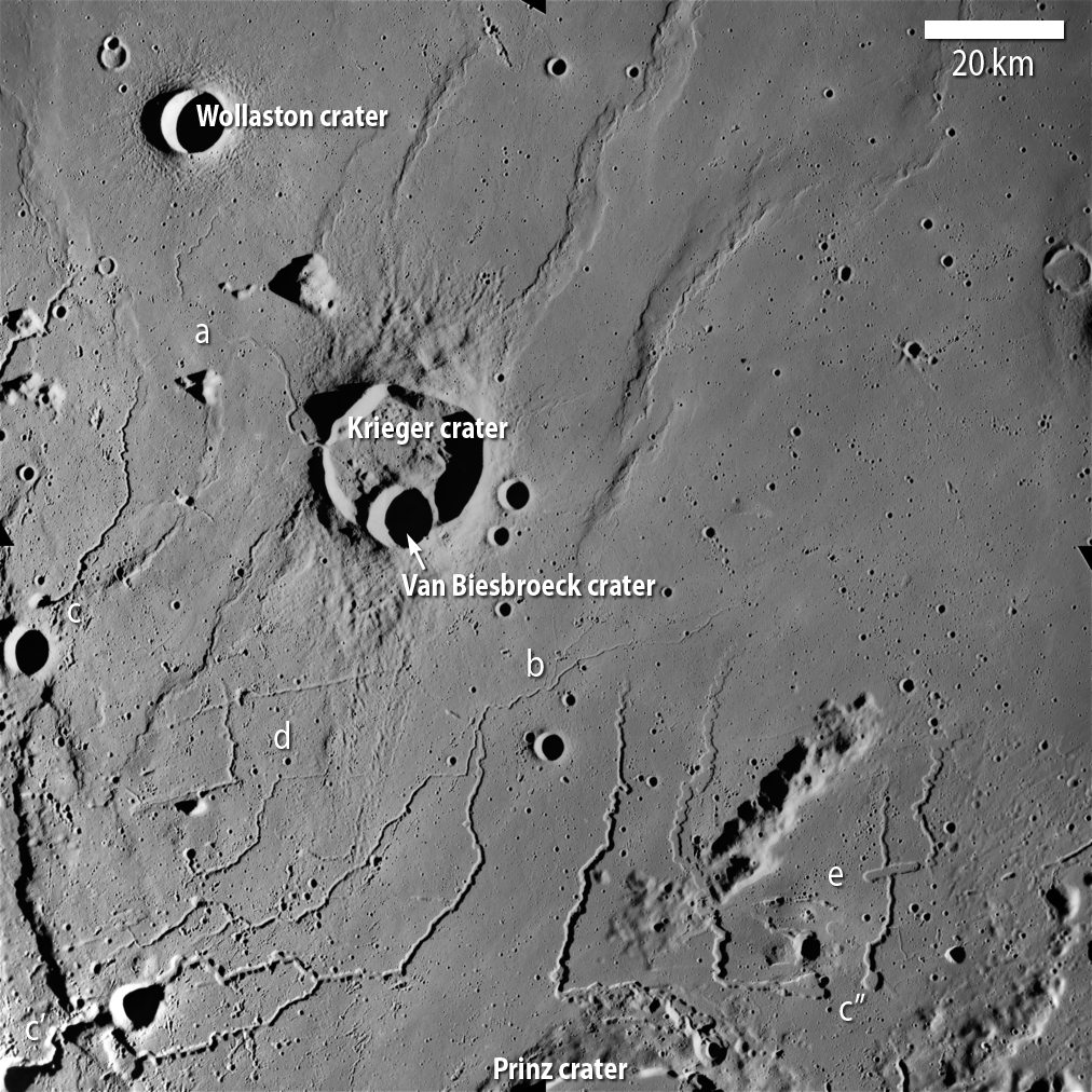 Apollo 15 Metric frame AS15-M-2082 that shows a 22 km crater in the center that was once filled with molten magma.  The crater filled and eventually spilled out to the west and cut a groove into the crater rim.  In the southern part of the image, lava flowed out of pit structures about 2-5 km in diameter toward the north up to 150 km away.  As the lava flowed, it carved river-like channels that eventually faded into the plains to the north as the lava fanned out laterally.  The ridges on the plains formed as the large mare seas of magma cooled and contracted.