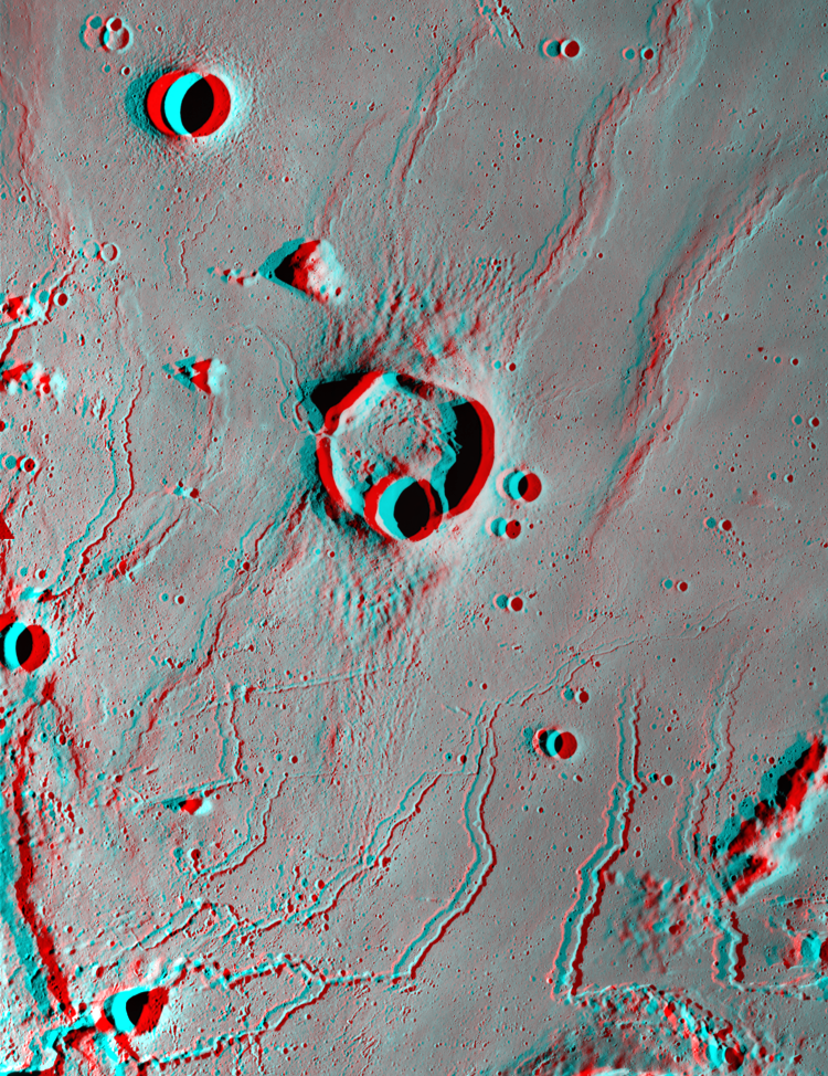 A three dimensional image of the first image.  The benefit of 3-D is that the wrinkle ridge features and the depths of the craters and rimae are more apparent to the human eye even though it is portrayed on a 2-dimensional screen.