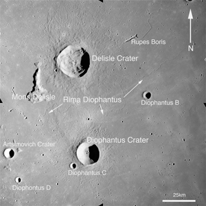 Apollo Metric image (frame ID AS15-M-2074) showing a portion of Mare Imbrium wth the craters Delisle (upper crater) and Diophantus (lower crater) with a sineous rille running East to West between the craters.