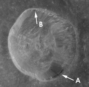 Figure 3 - Close up view of Dawes Crater showing dark material in crater wall.