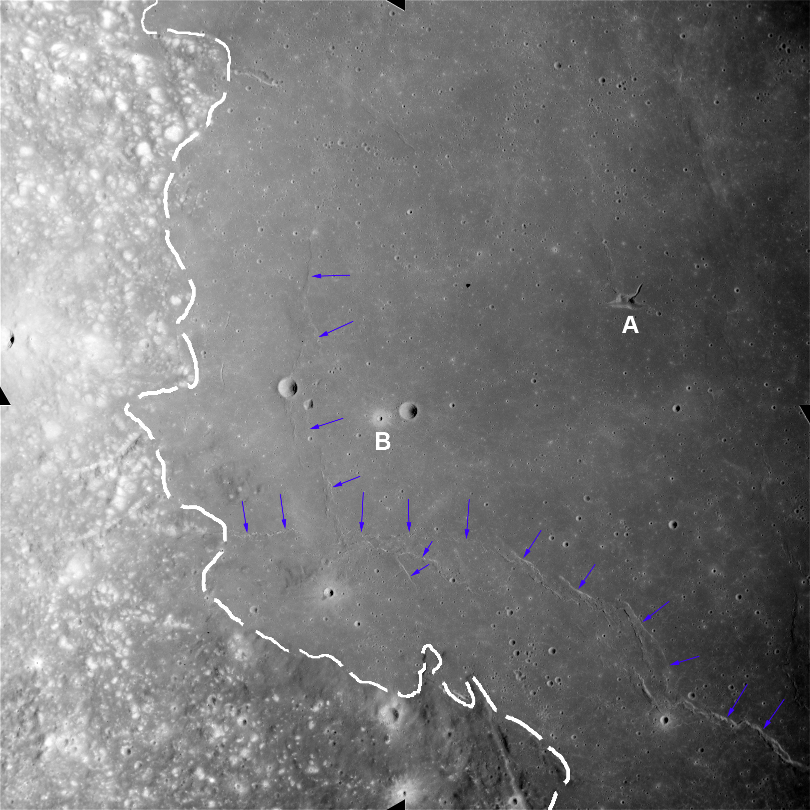 Apollo Metric image (frame ID AS15-M-1130) Western edge of Mare Serenitatis photographed form Apollo 17.