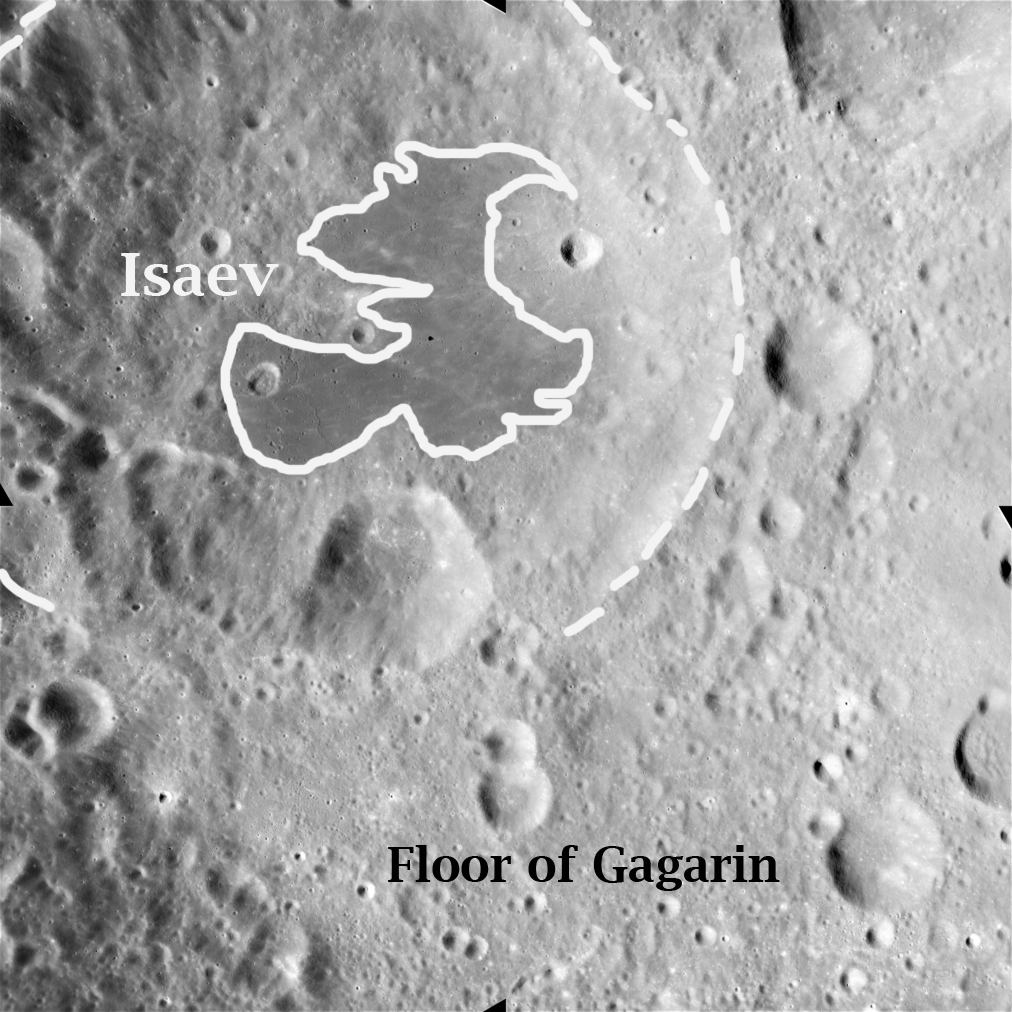 Apollo Metric image (frame ID AS15-M-0099) Isaev Crater and low-albedo mare floor.