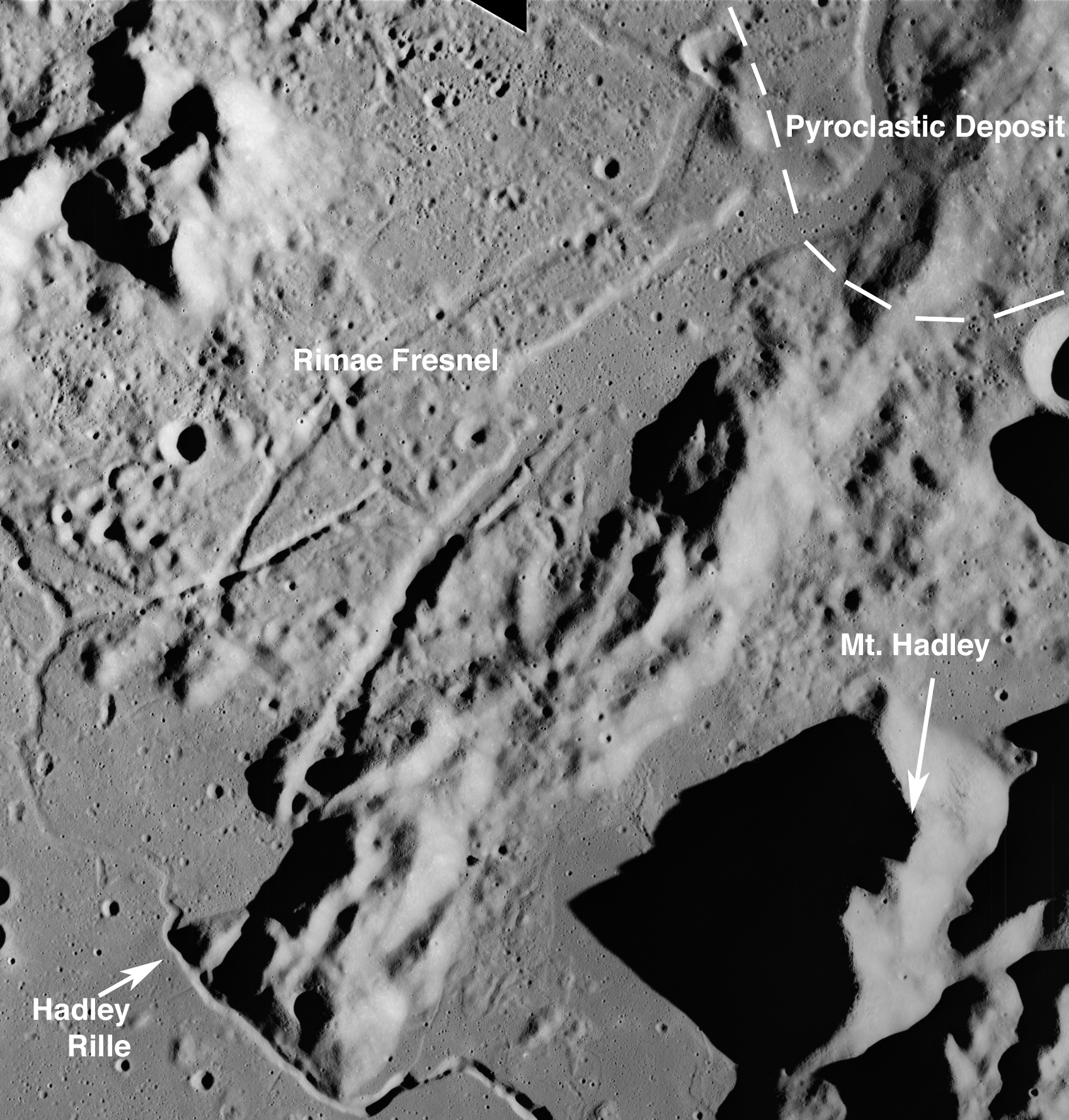 Apollo Metric image (frame ID AS15-M-0415) Rimae Fresnel Area .