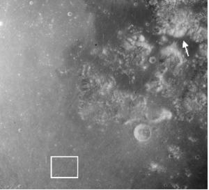 Apollo Metric image (frame ID AS15-M-1115) Southeastern Mare Serenitatis.  The arrow points to the Apollo 17 landing site.  The box contains location of lava tubes.