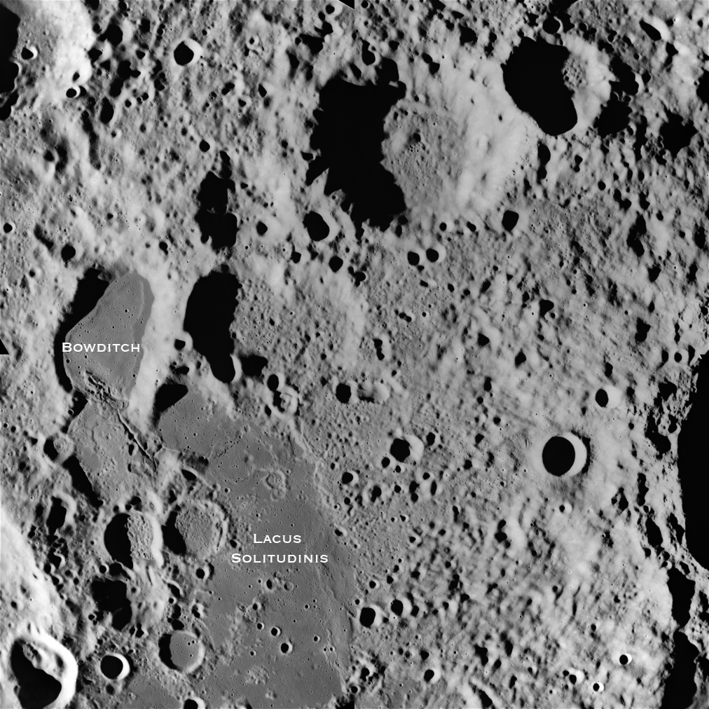 Apollo Metric image (frame ID AS15-M-2357) Bowditch and Lacus Solitudinis.