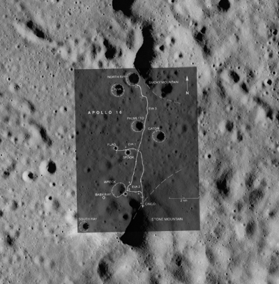 Zoomed in portion of Apollo Metric image (frame ID AS16-M-0162) with overlay showing Apollo 16 EVA traverse paths.