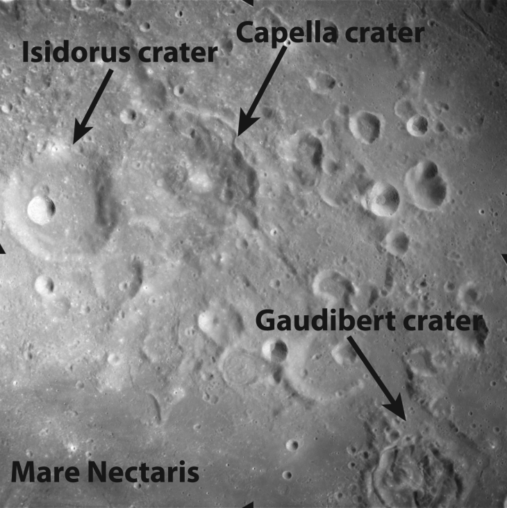Apollo Metric image (frame ID AS16-M-0424) Isidorus, Capella, and Gaudibert Craters.