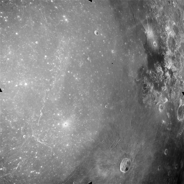 Apollo Metric image (frame ID
AS15-M-1406) Oblique Apollo Metric Mapping Camera image looking east
across Mare Serenitatis.