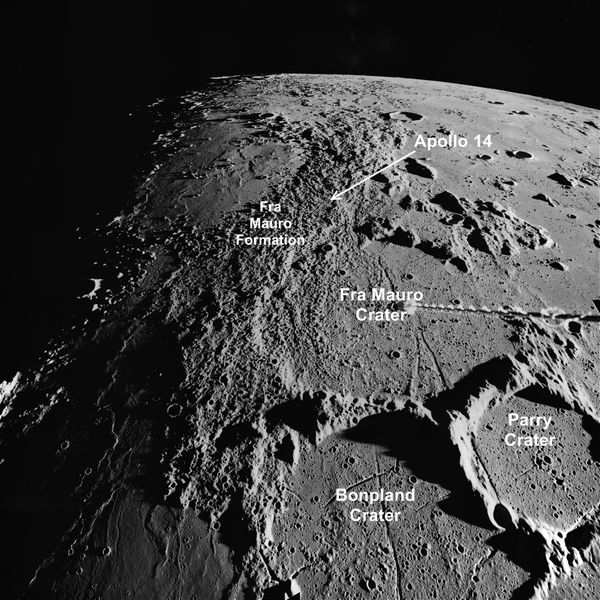 Apollo Metric image (frame ID AS16-M-1420) Oblique view of the Fra Mauro formation.