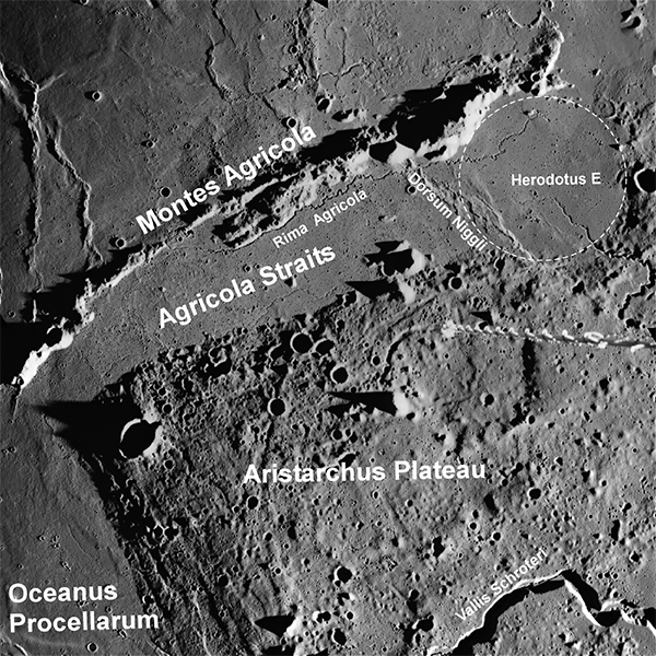 Apollo Metric image (frame ID
AS15-M-2002) Agricola Mountains and Agricola Straits.