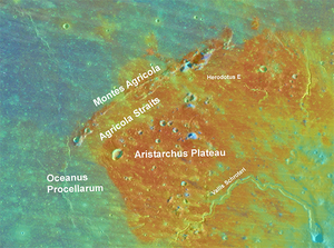 Clementine Spectral Reflectance
UVVIS Color Ratio image overlain on a Lunar Orbiter mosaic of the Agricola Mountains and Agricola Straits.