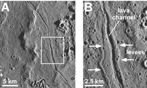 Apollo Metric image (frame
					  ID AS16-M-1983) Close up of
				     the lava channel and levees.