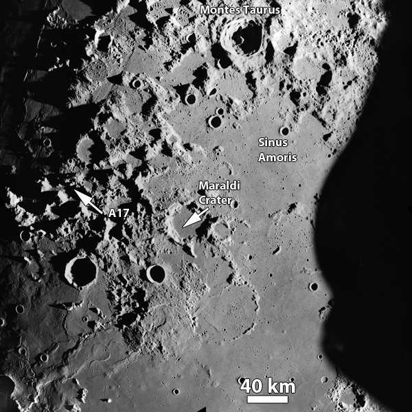 Apollo Metric image (Apollo Metric
Mapping Camera frame AS17-M-0305) Sinus Amoris east of the Apollo 17
landing site.