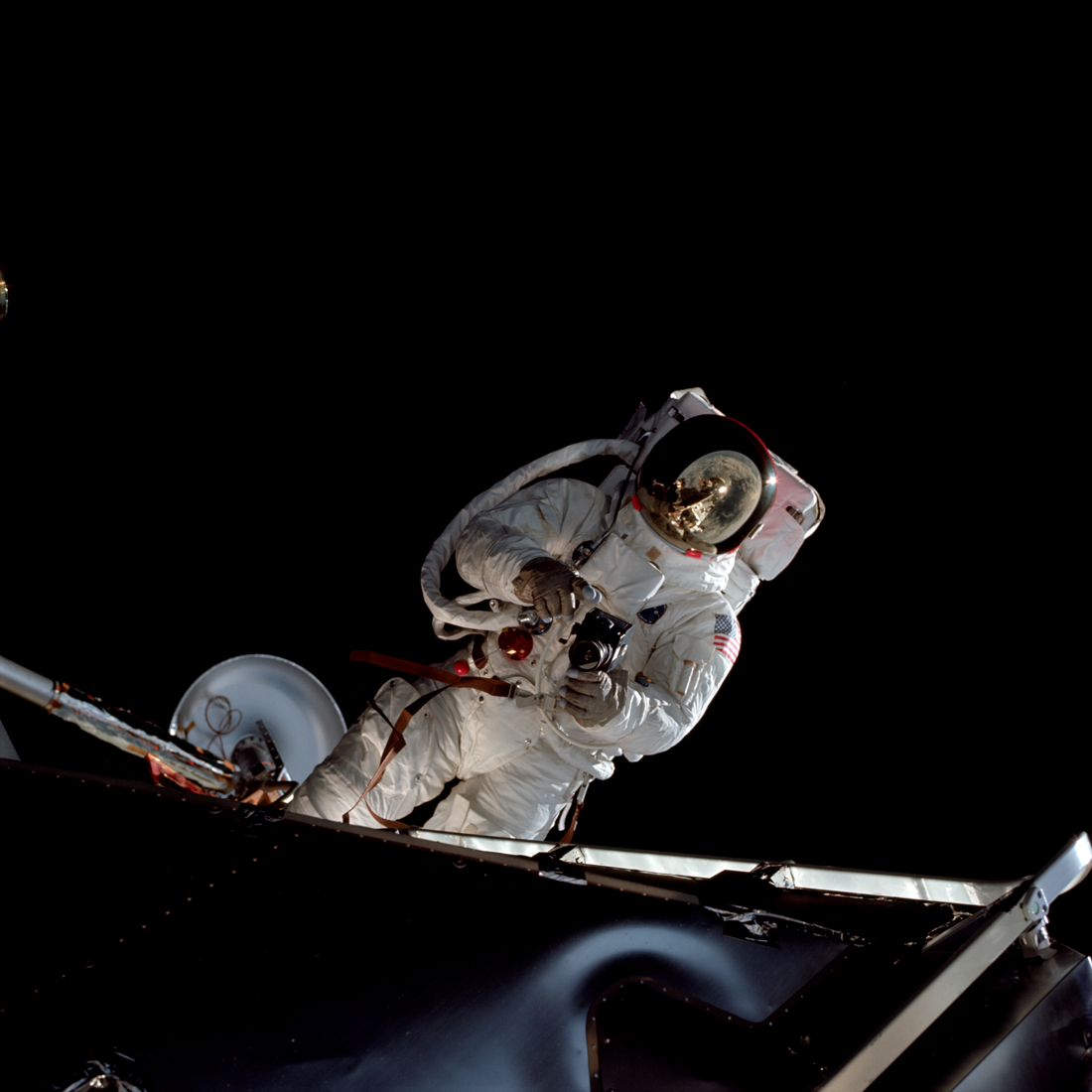Lunar Module Pilot Russell Schweickart outside the LM Spider.