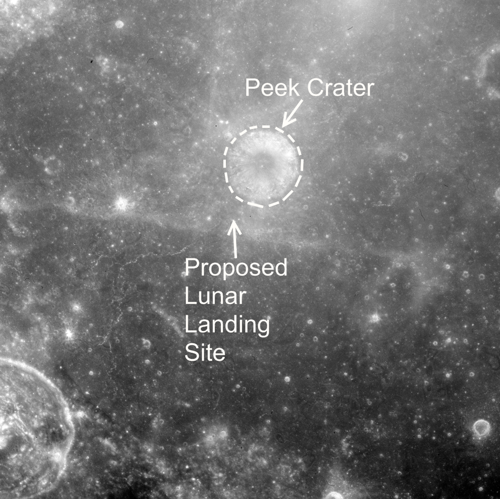 Apollo Metric image (frame ID AS15-M-0346) Peek Crater, a future human lunar landing site.