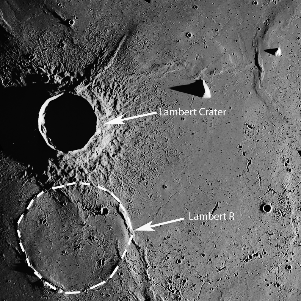 Apollo Metric image (frame ID AS15-M-1010) Apollo metric image of Lambert and Lambert R craters in Mare Imbrium.