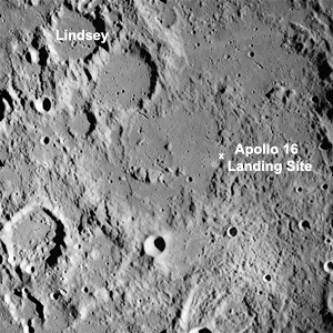 Apollo Metric image (frame ID AS16-M-0162) with Apollo 16 landing site marked.